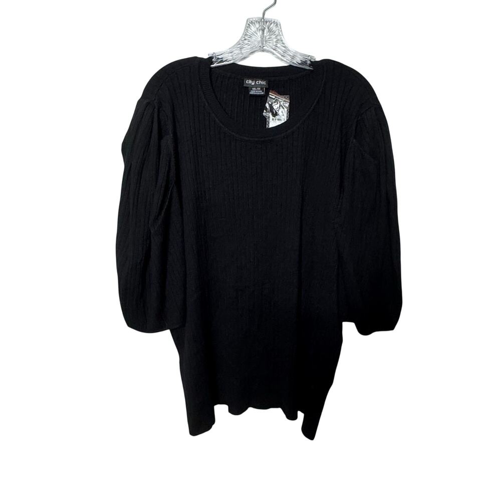 City Chic Women’s XXL/24 Black Ribbed Knit Puff Sleeve Top‎ Stretch NWT